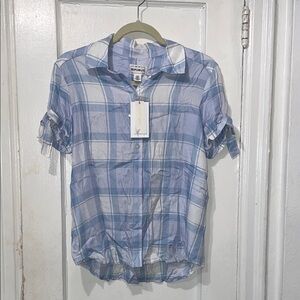 For The Republic Light Blue and White Plaid Short-Sleeve Button-Down Shirt